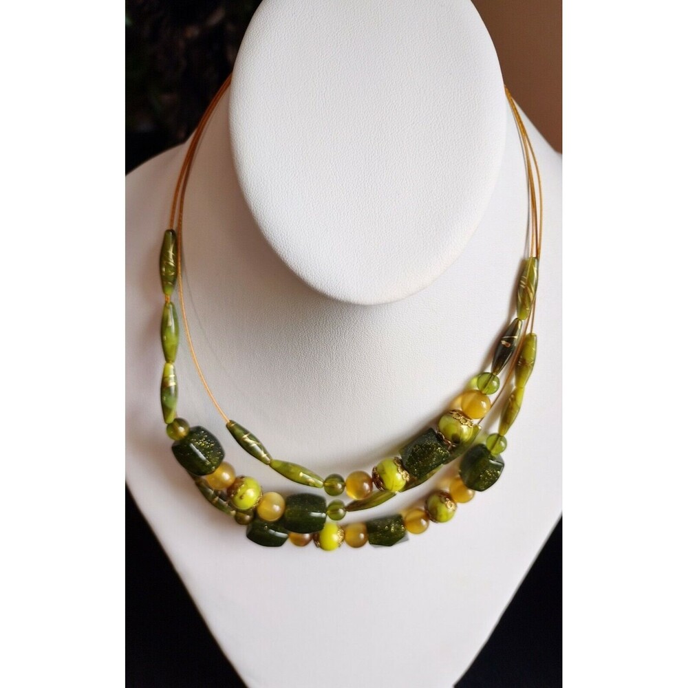Mix It Green Gold Beaded Glitter Three Strand Wire Necklace